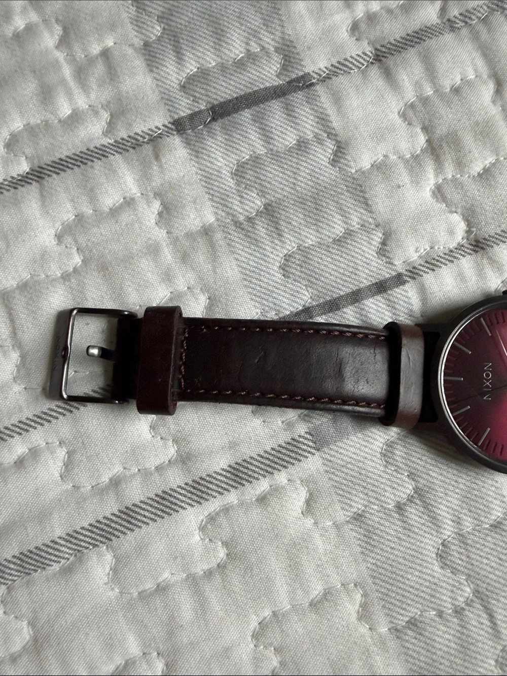 Nixon Red Sunburst Dial Watch with Brown Leather Band - Picture 10 of 11